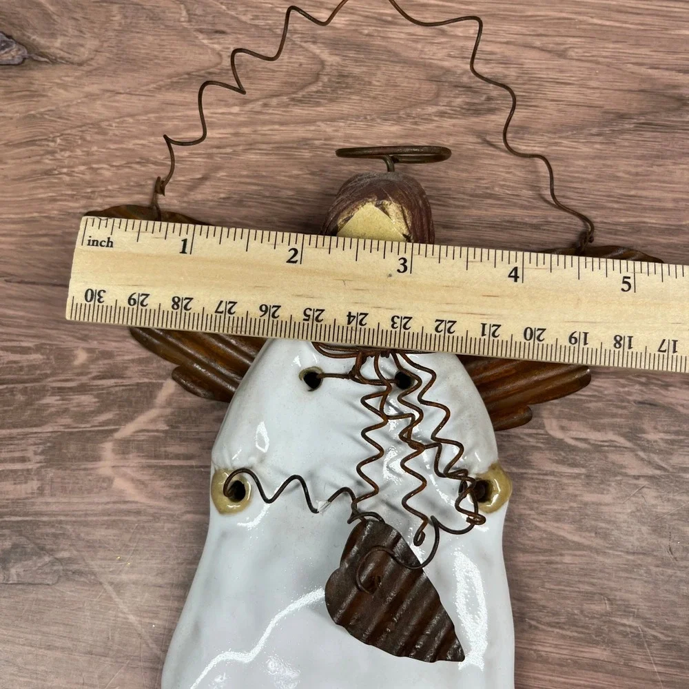Angel Wall Hanging Ceramic Metal Wire Home Decor White Brown Rustic Primitive